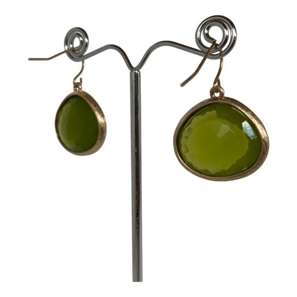 Gold Teardrop Dangle Earrings with Olive Green - Picture 3 of 6